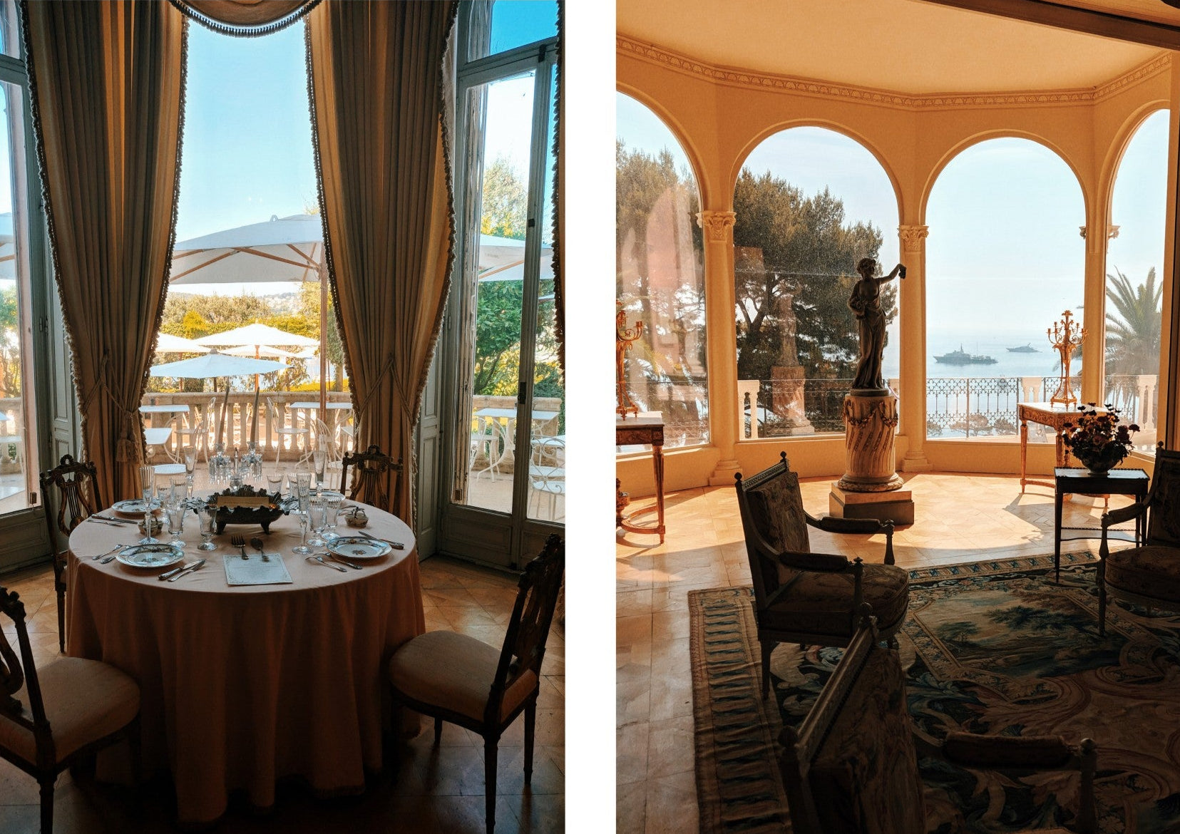 Left: Formal dining setup with table and chairs by large windows. Right: Elegant interior with columns and statue, overlooking a scenic view.